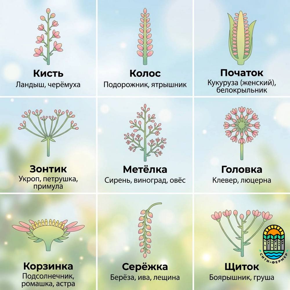 Основные типы соцветий: кисть (ландыш), колос (подорожник), початок (кукуруза), зонтик (укроп), метёлка (сирень), головка (клевер), корзинка (подсолнечник), серёжка (берёза), щиток (боярышник). Схематичные изображения и примеры растений.