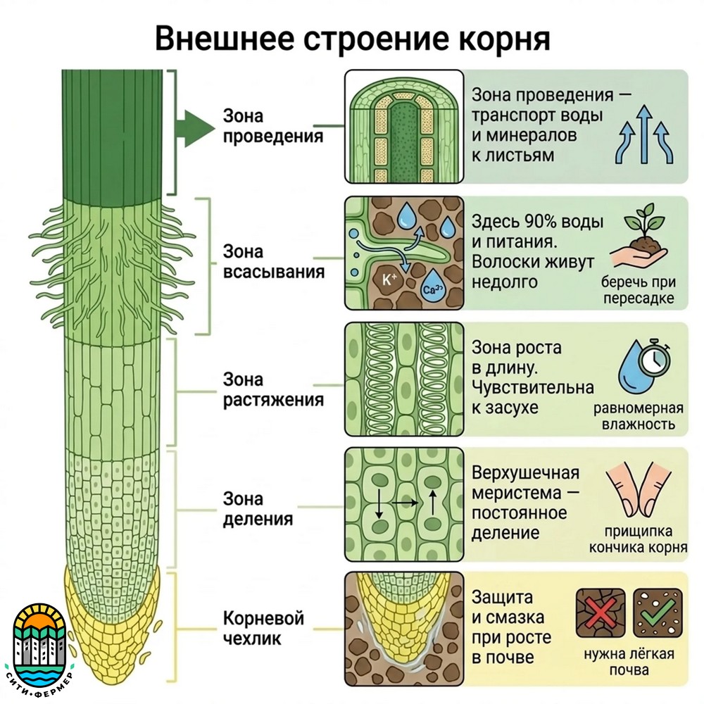 Внешнее строение корня: зона проведения, всасывания с корневыми волосками, растяжения, деления и корневой чехлик — функции и практические советы]