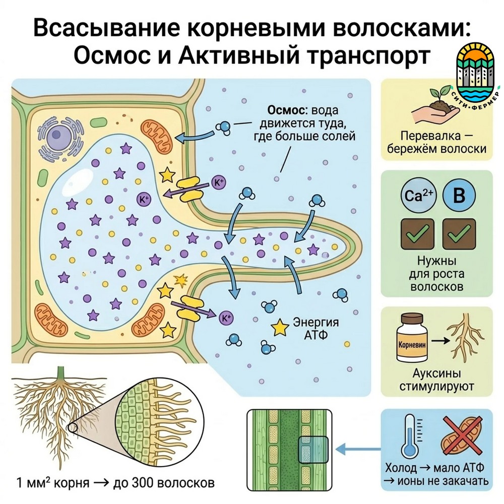Корневой волосок растения: строение, осмос (поступление воды) и активный транспорт ионов калия с затратой энергии АТФ