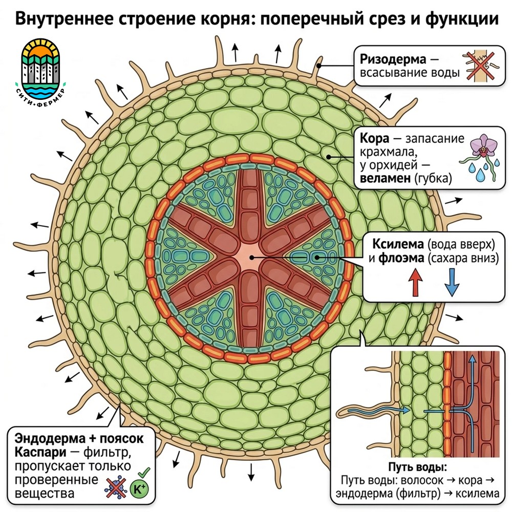 Внутреннее строение корня на поперечном срезе: ризодерма, первичная кора, эндодерма с пояском Каспари, перицикл, центральный цилиндр с ксилемой и флоэмой — функции и практическое значение