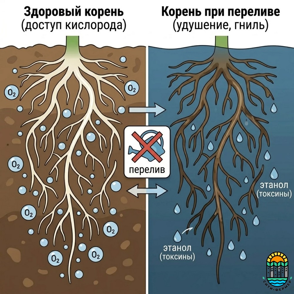 Сравнение здорового корня (доступ кислорода) и корня при переливе (удушение, гниль, выделение токсинов)