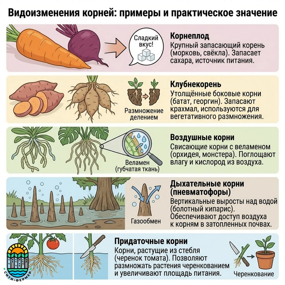Видоизменения корней: корнеплоды, клубнекорни, воздушные корни, дыхательные корни, придаточные корни — примеры и практическое значение