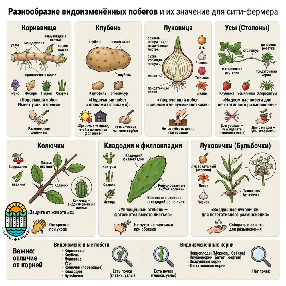 Видоизменения побегов: корневище (ирис, имбирь), клубень (картофель), луковица (лук, тюльпан), усы/столоны (клубника), колючки (боярышник), кладодии (кактус-опунция), луковички/бульбочки (чеснок на стрелке). Отличие от видоизменённых корней: на побегах есть почки. Практические советы по размножению, хранению, уходу.