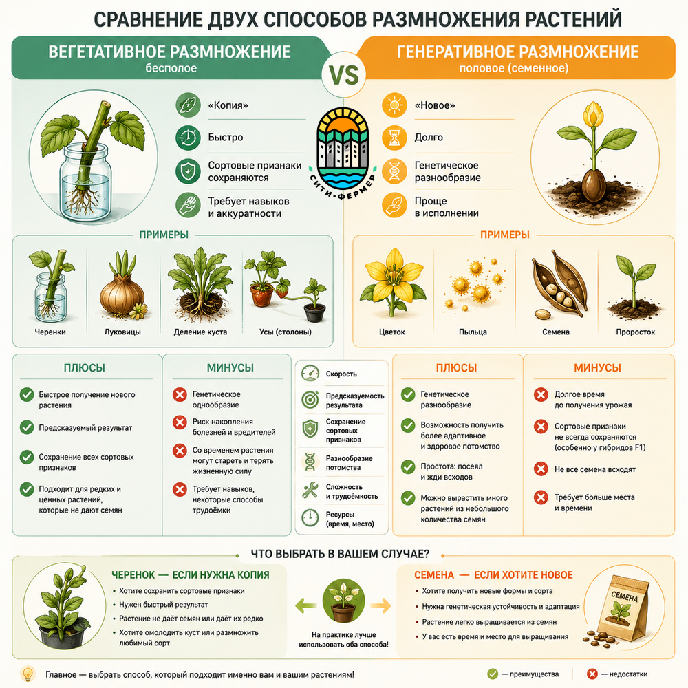 Сравнительная инфографика вегетативного и генеративного размножения растений. Вегетативное (клонирование) — быстро, сохраняет сорт, требует навыков. Генеративное (семена) — долго, даёт генетическое разнообразие, проще в исполнении.