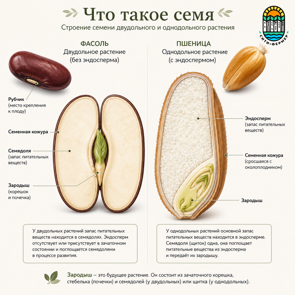 Строение семени на примере фасоли и пшеницы. Для двудольных характерны две семядоли, для однодольных — эндосперм. Подписаны основные части: кожура, зародыш, семядоли, эндосперм.