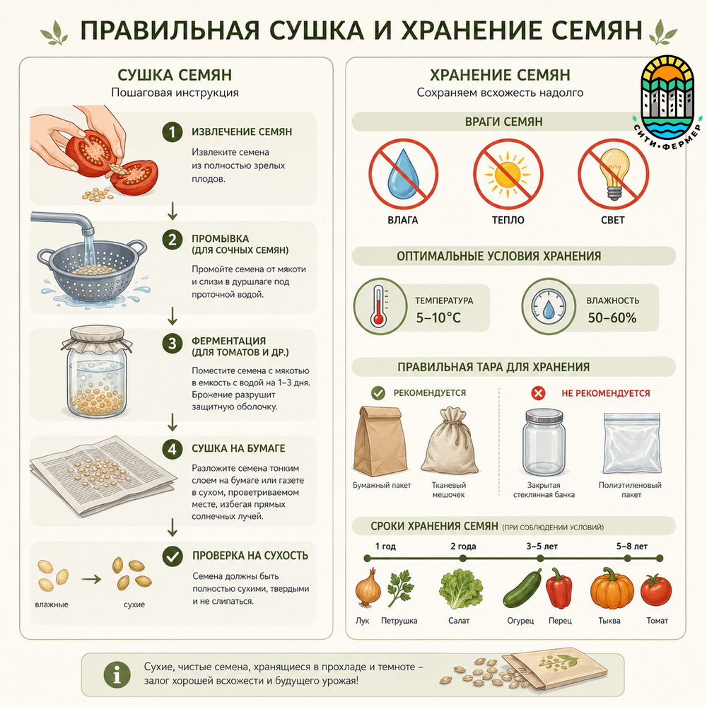 Инфографика по сбору, сушке и хранению семян. Пошаговая инструкция по сушке (извлечение, промывка, ферментация, просушка). Правила хранения: прохлада, сухость, темнота, бумажная/тканевая упаковка.
