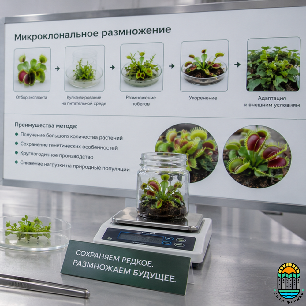крупным планом венерина мухоловка в прозрачном контейнере на демонстрационном стенде