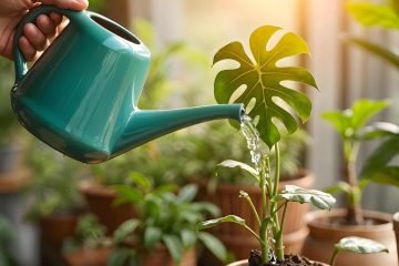 мужчина поливает домашнее растение из маленькой синей лейки