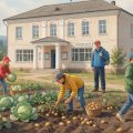 Дети под присмотром учителя собирают в школьном огороде кабачки, картошку и капусту