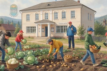 Дети под присмотром учителя собирают в школьном огороде кабачки, картошку и капусту