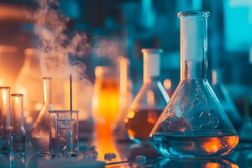 колбы и пробирки на столе