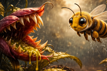 Ядовитое плотоядное растение и пчела
