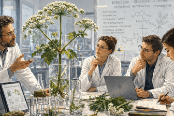 Учёные в лаборатории исследуют борщевик