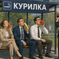 Будка, похожая на автобусную остановку с надписью "курилка". В ней сидит 3 офисных работника, еще один стоит рядом. Но вместо сигарет они едят: помидор, банан, перец и баклажан.