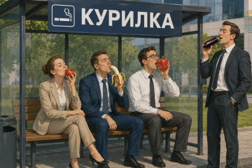 Будка, похожая на автобусную остановку с надписью "курилка". В ней сидит 3 офисных работника, еще один стоит рядом. Но вместо сигарет они едят: помидор, банан, перец и баклажан.