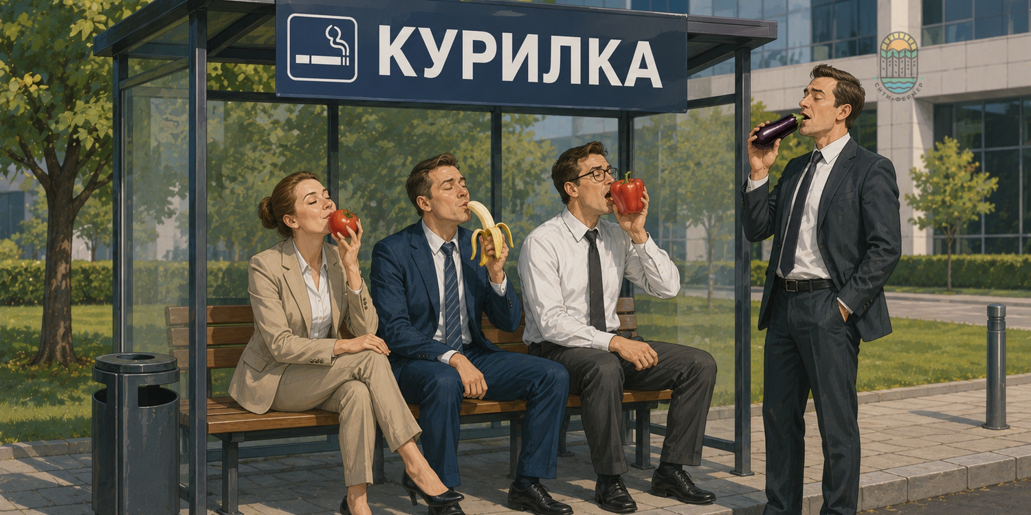 Будка, похожая на автобусную остановку с надписью "курилка". В ней сидит 3 офисных работника, еще один стоит рядом. Но вместо сигарет они едят: помидор, банан, перец и баклажан.
