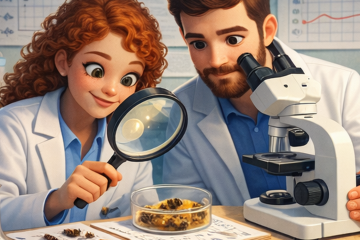 Мужчина и женщина в белых халатах исследуют пчёл при помощи лупы и микроскопа в лаборатории