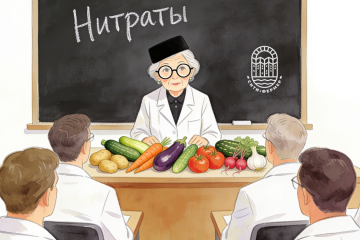 Пожилая женщина-учёный делает доклад о нитратах. Перед ней на столе лежат овощи: картошка, кабачки, морковь, баклажаны, помидоры, огурцы, редька, редиска, чеснок, лук