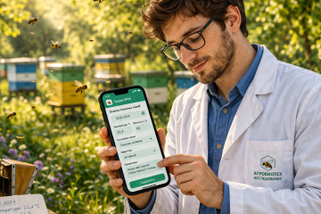 Молодой учёный в белом халате на пасеке. он вводит данные в приложение