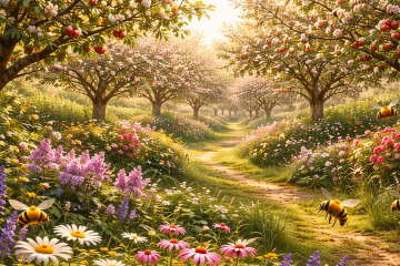 Яблоневый сад, между деревьев растут кустарники и многолетние цветы. Пчёлы собирают нектар