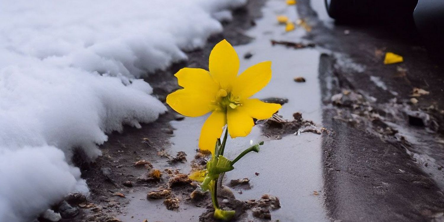 цветок на асфальте в снегу