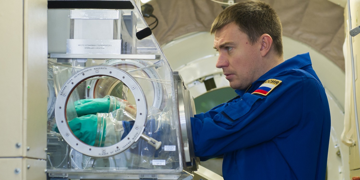 космонавт проводит эксперимент на МКС