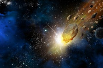 светящийся астероид летит в космосе