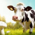 корова нюхает гриб на лужайке