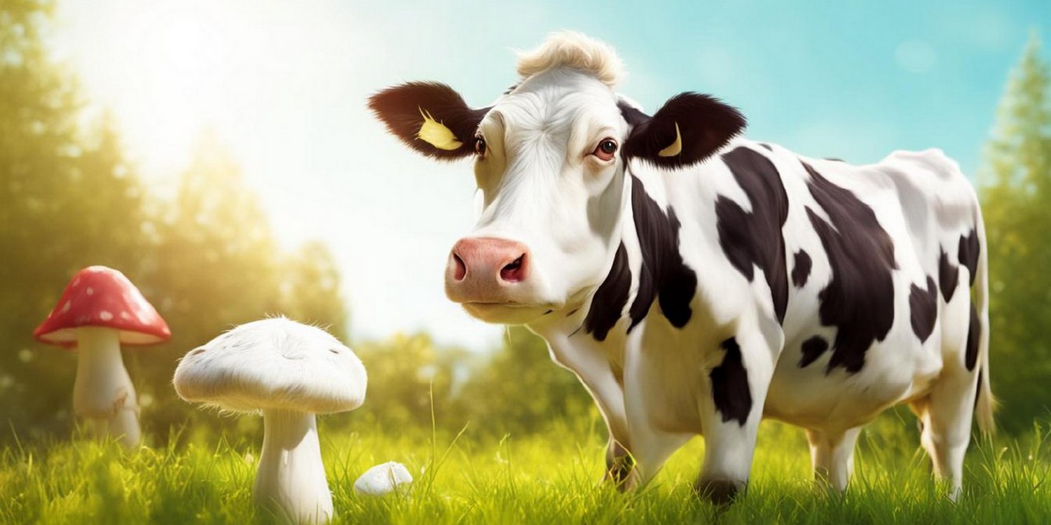 корова нюхает гриб на лужайке