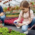 девочка опрыскивает растения в теплице
