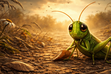 Одинокий испуганный кузнечик сидит на земле