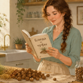 Девушка стоит на большой светлой кухне и читает книгу "блюда из чуфы". Перед ней на столе лежит земляной миндаль.