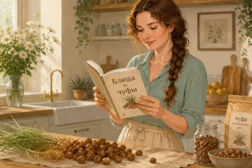 Девушка стоит на большой светлой кухне и читает книгу "блюда из чуфы". Перед ней на столе лежит земляной миндаль.