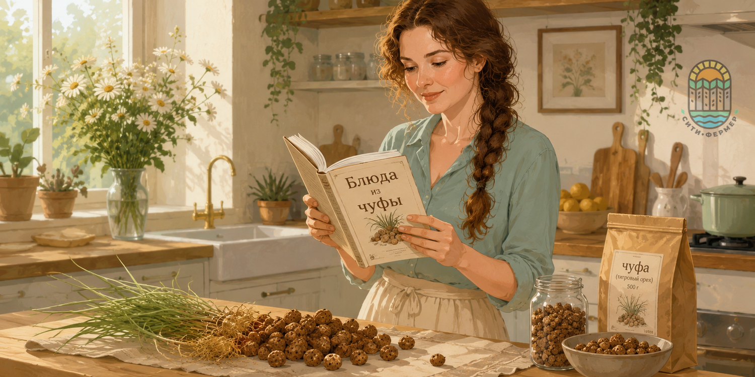 Девушка стоит на большой светлой кухне и читает книгу "блюда из чуфы". Перед ней на столе лежит земляной миндаль.