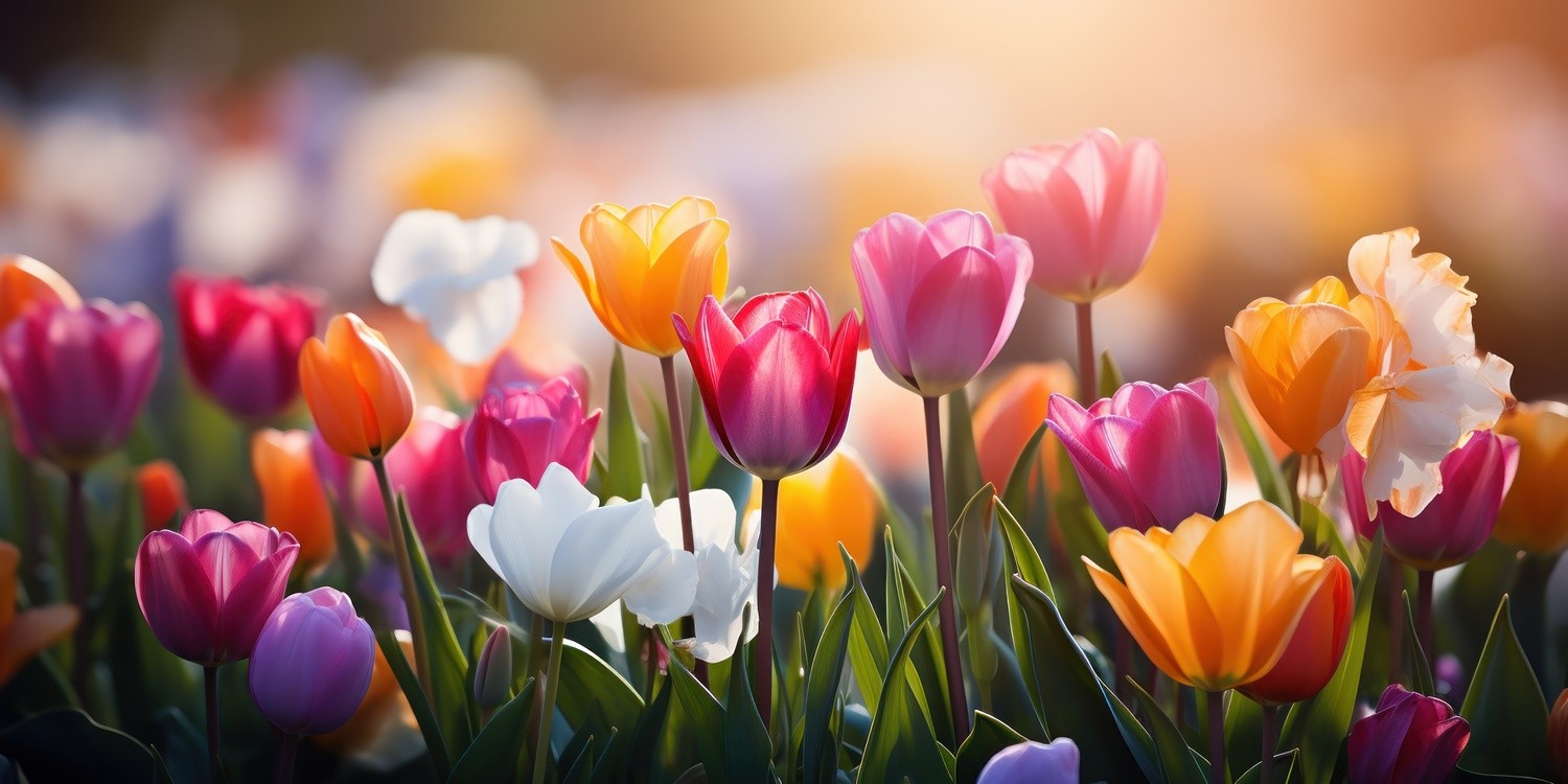 белые, розовые, желтые и фиолетовые тюльпаны растут в саду в солнечный день