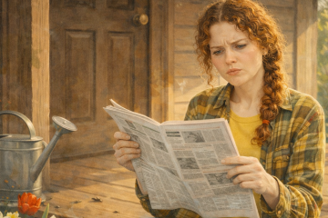 Рыжеволосая девушка сидит на крыльце дачного домика и читает газету