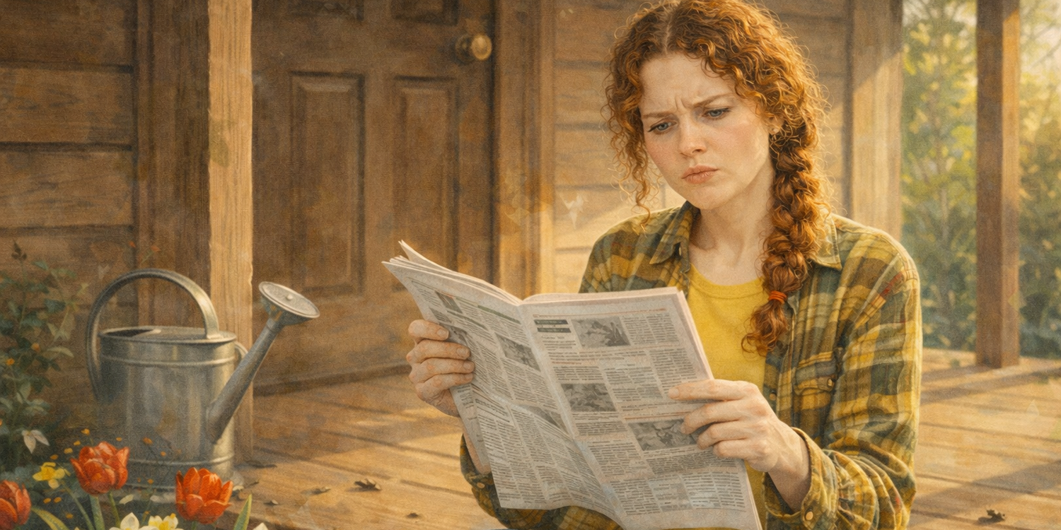 Рыжеволосая девушка сидит на крыльце дачного домика и читает газету