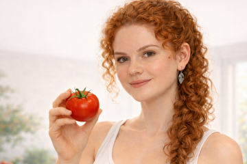 Рыжая кудрявая девушка держит в руке помидор