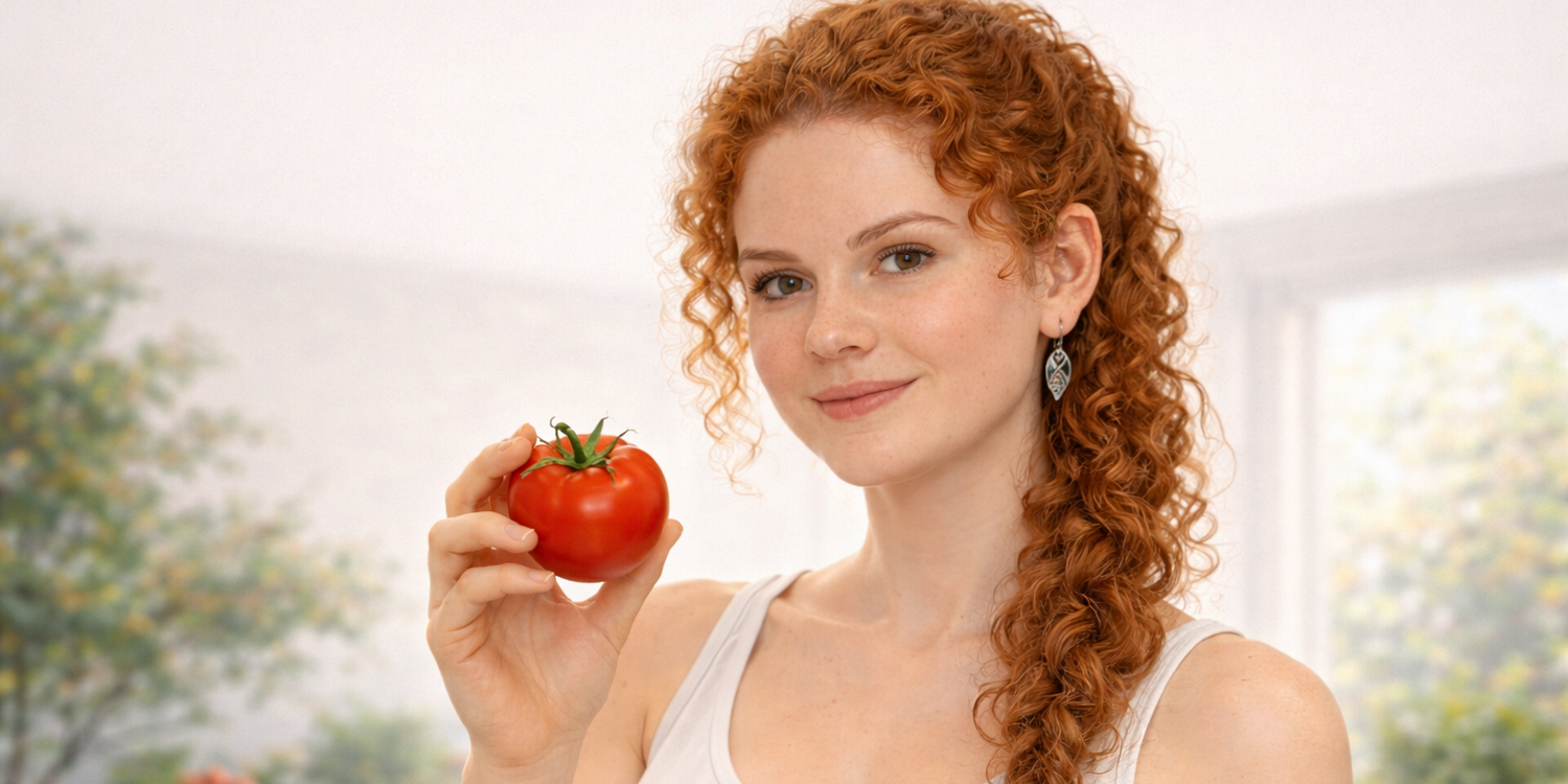 Рыжая кудрявая девушка держит в руке помидор