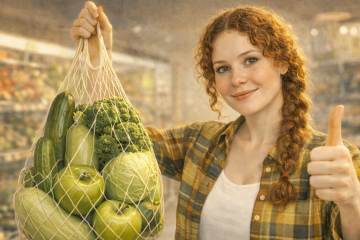 Девушка стоит в магазине с авоськой, в которой лежат зеленые яблоки, брокколи, капуста, кабачки и огурцы