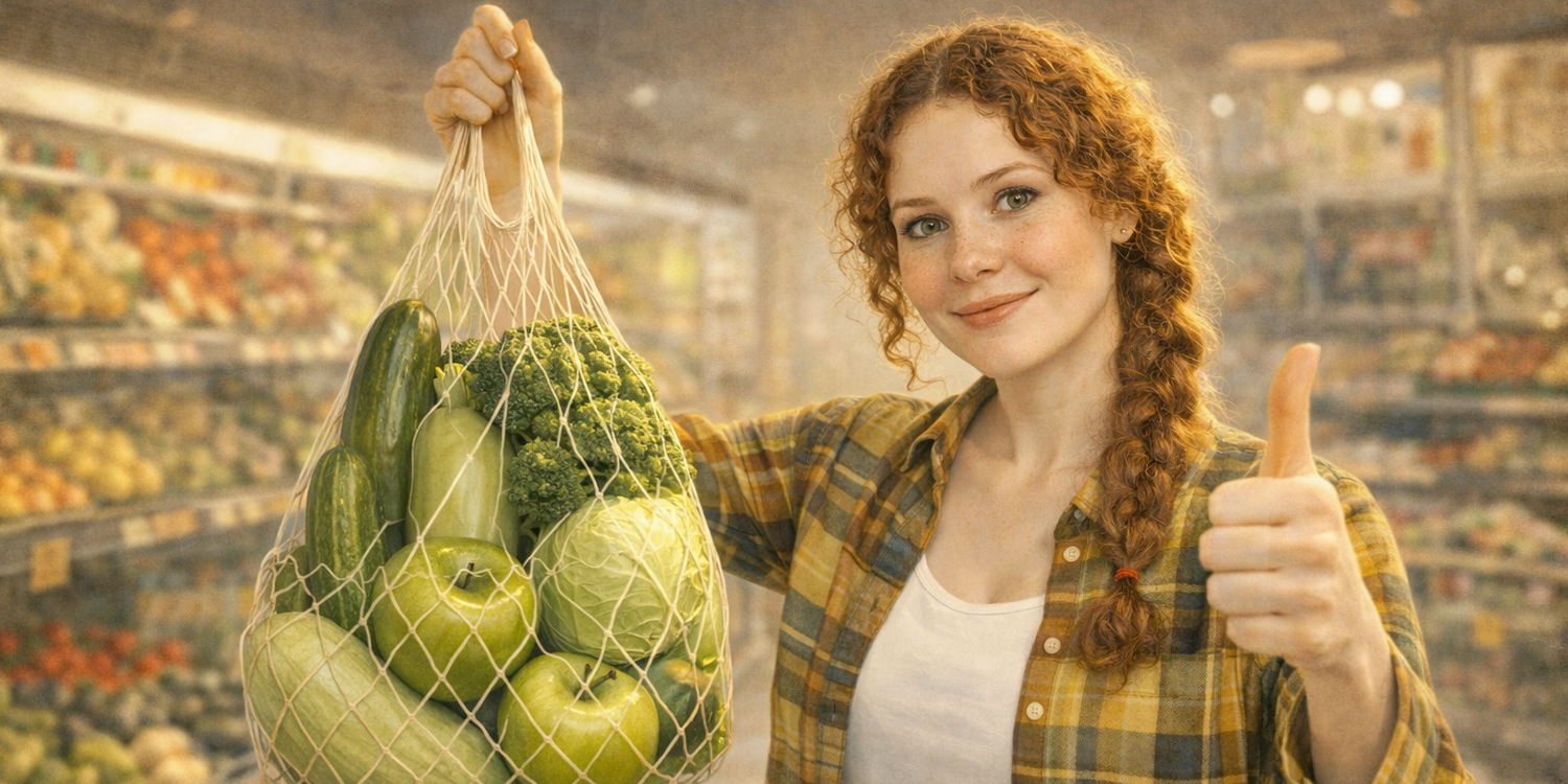 Девушка стоит в магазине с авоськой, в которой лежат зеленые яблоки, брокколи, капуста, кабачки и огурцы