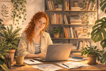 Рыжеволосая кудрявая девушка сидит за столом перед ноутбуком. В комнате много комнатных растений и большой стеллаж с книгами