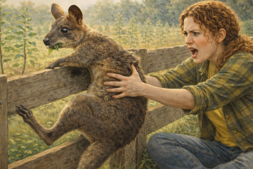 Девушка не даёт маленькому кенгуру перелезть через забор и полакомиться молодыми эвкалиптами