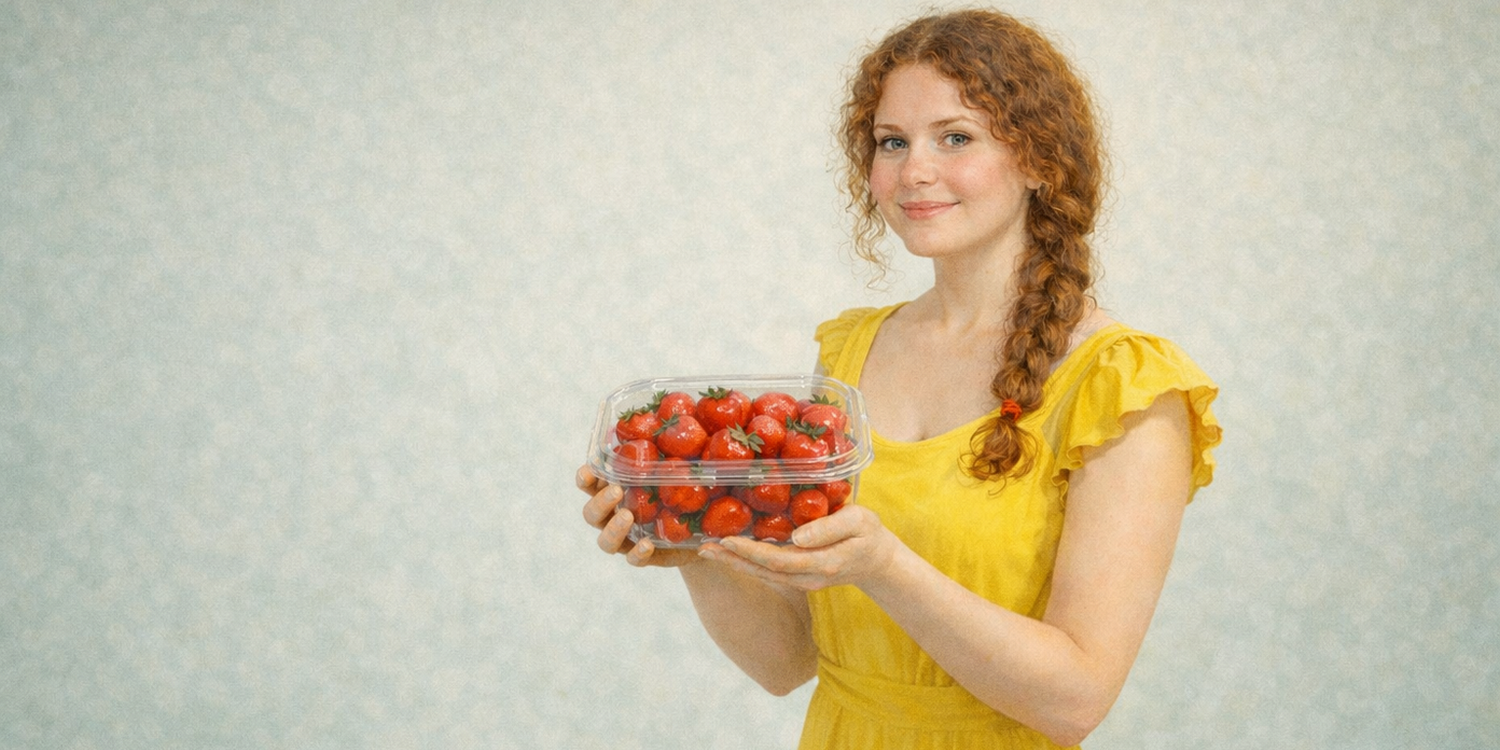 Девушка в жёлтом платье держит в руках пластиковый контейнер с клубникой