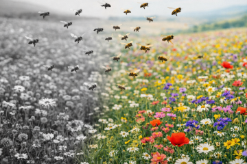 черго-белый луг переходит в цветной. на границе летают пчёлы