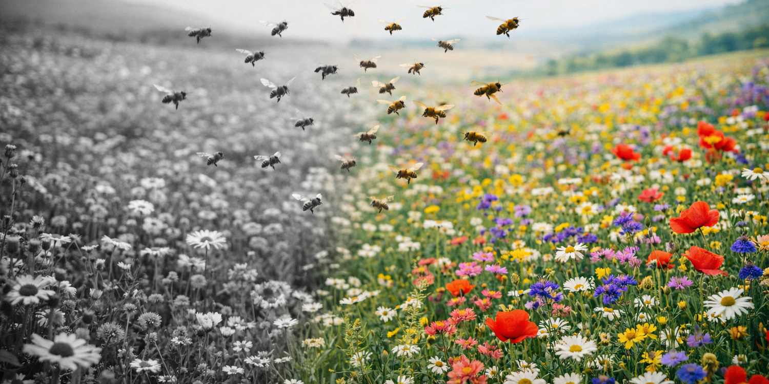 черго-белый луг переходит в цветной. на границе летают пчёлы