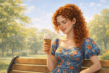 Рыжеволосая кудрявая девушка сидит в парке на лавочке и ест мороженое
