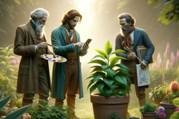 мужчины в старомодной одежде разглядывают растение