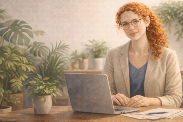 Женщина сидит в офисе за столом. На столе стоит ноутбук. Фокруг - много различных комнатных растений в горшках