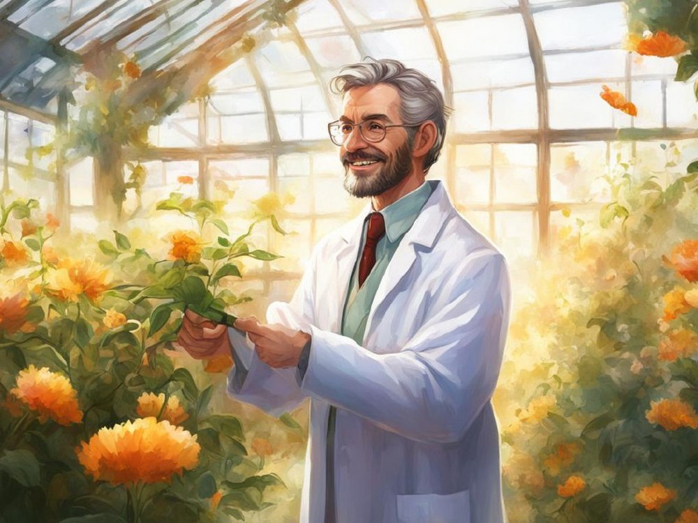 сити-фермер в оранжерее с цветущими растениями
